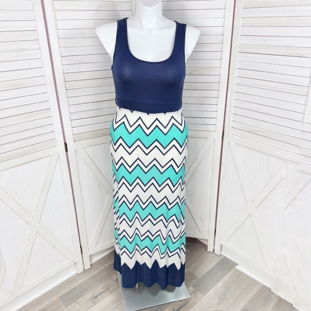 5th & Love‎ Chevron Stripe Sleeveless Maxi Dress Sundress Blue Teal XL